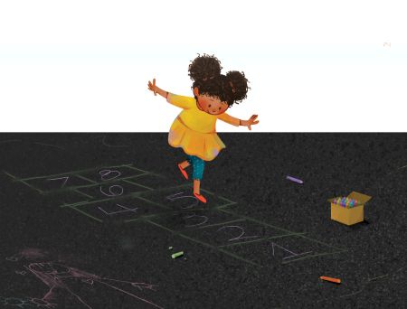 stylized artwork of a small child playing hopscotch